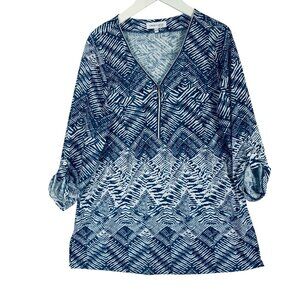 v- neck zipper collar 3/4 sleeve t-shirt top  blouse size med Marie Claire